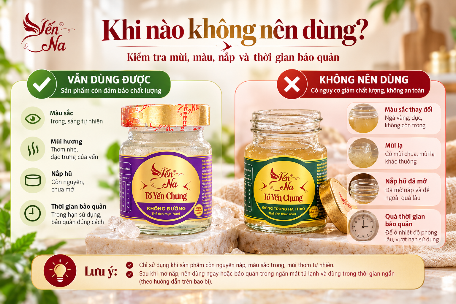 Hũ yến Yến Na nguyên niêm phong đặt trong tủ khô ráo, tránh nắng trực tiếp