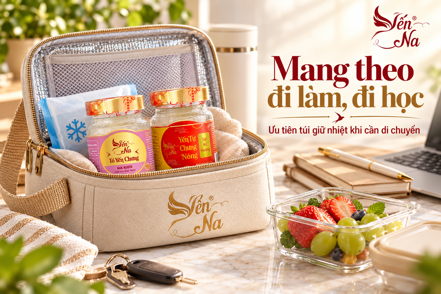 Hộp yến Yến Na nguyên niêm phong đặt gọn trong túi mang đi làm, tránh nắng nóng
