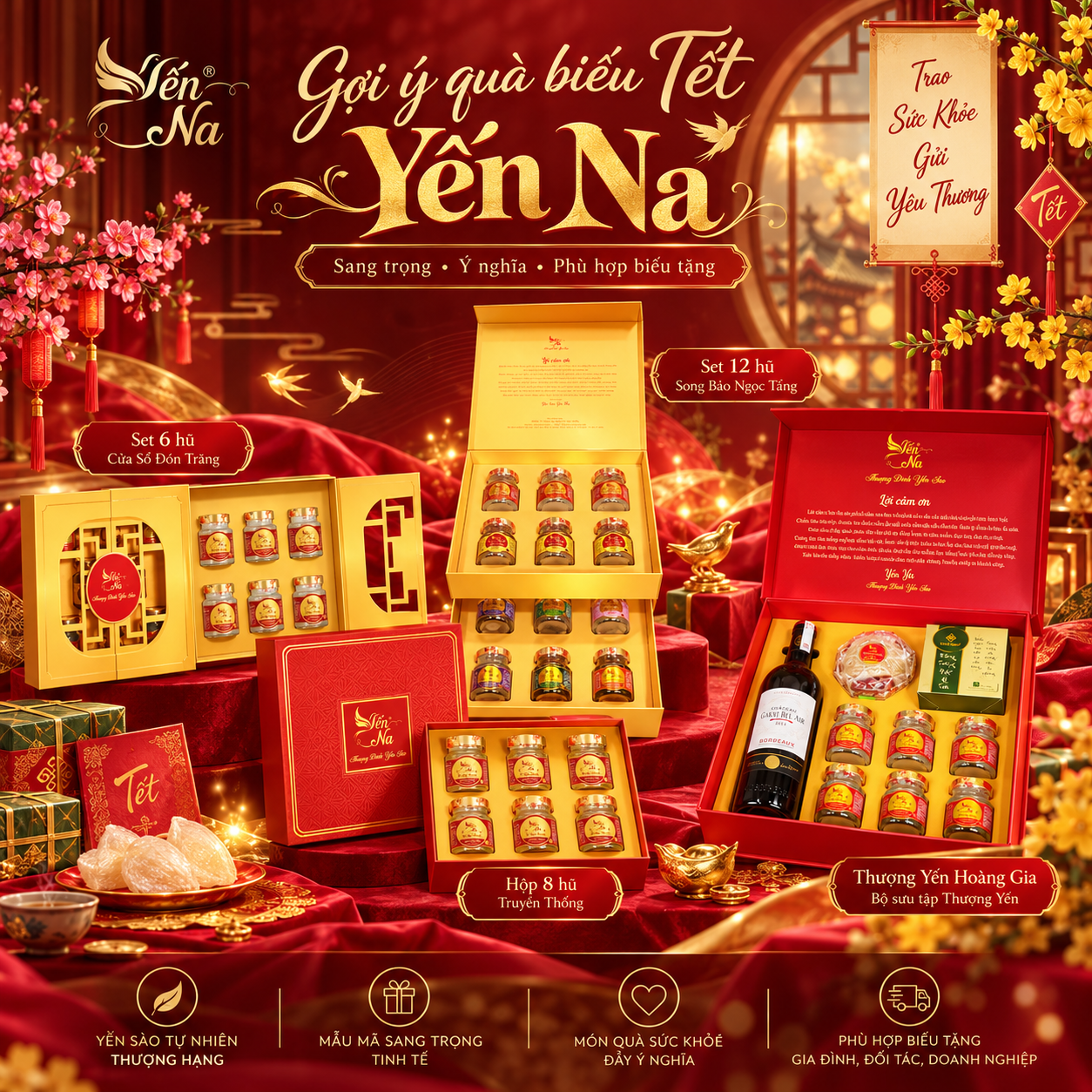 Các hộp quà yến sào Yến Na đặt cạnh thiệp chúc Tết, gợi ý quà Tết doanh nghiệp 2027