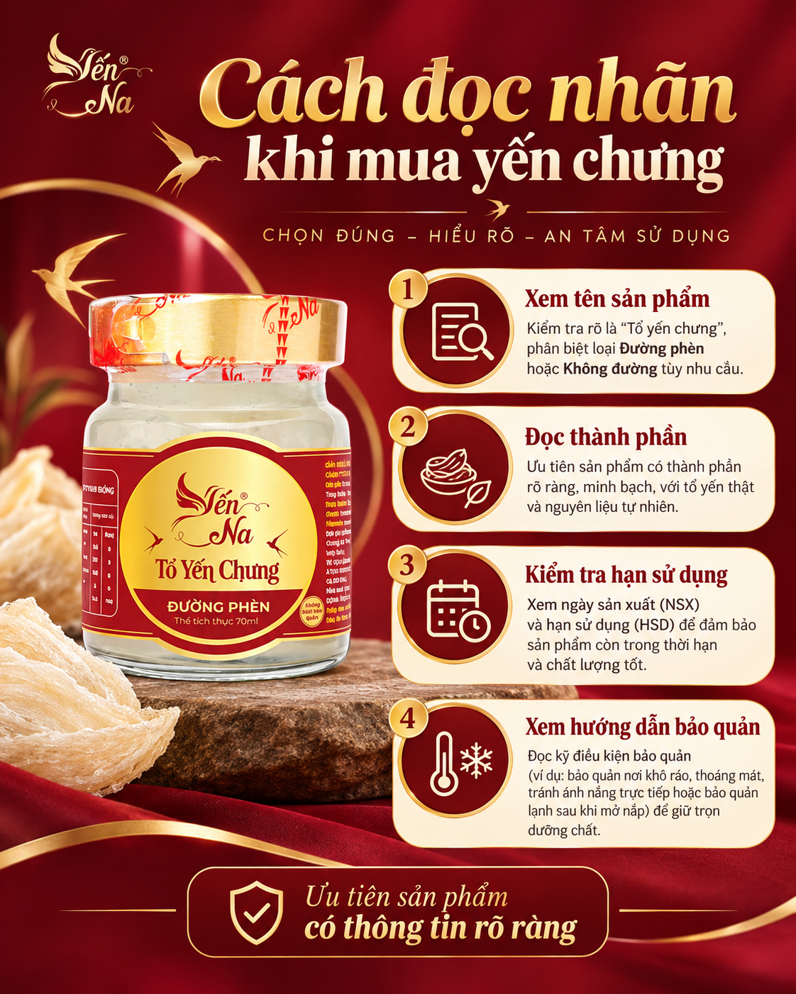 Bốn bước kiểm tra nhãn thành phần khi mua yến chưng sẵn