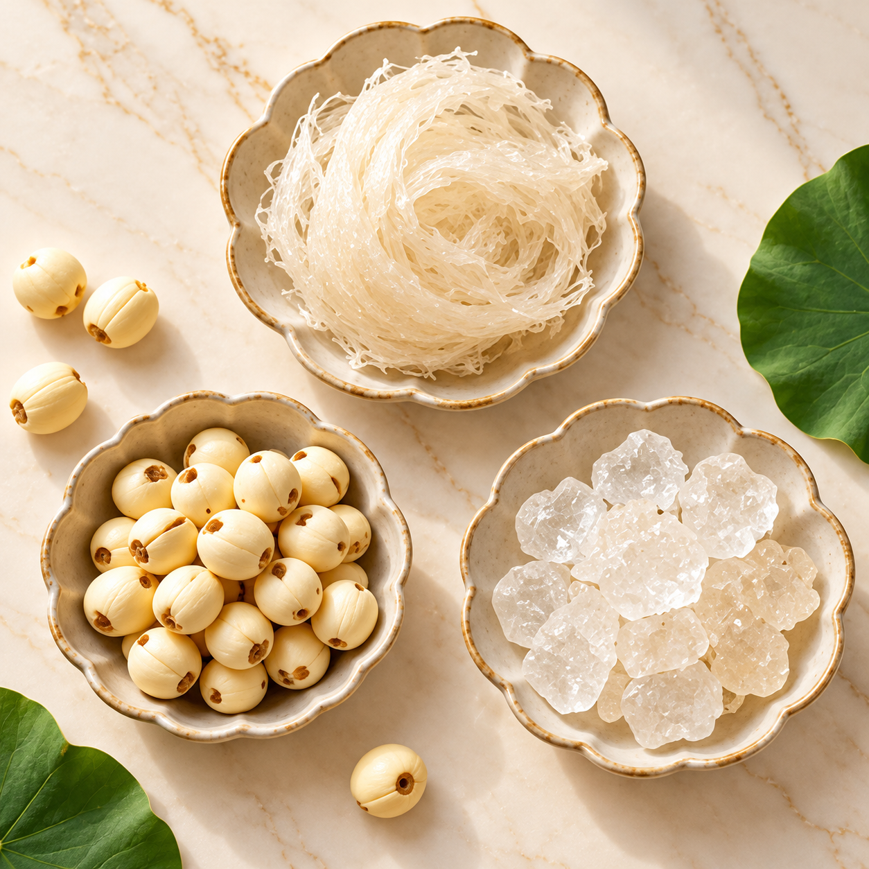 Minh họa tổ yến, hạt sen và đường phèn là những thành phần phổ biến của yến chưng hạt sen