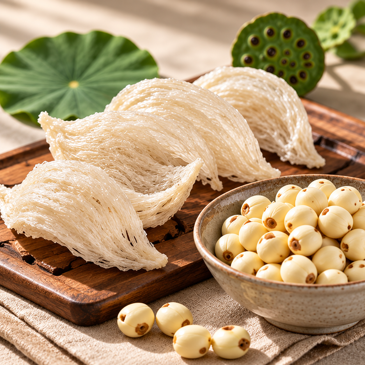 Nguyên liệu tổ yến và hạt sen dùng trong món yến chưng hạt sen